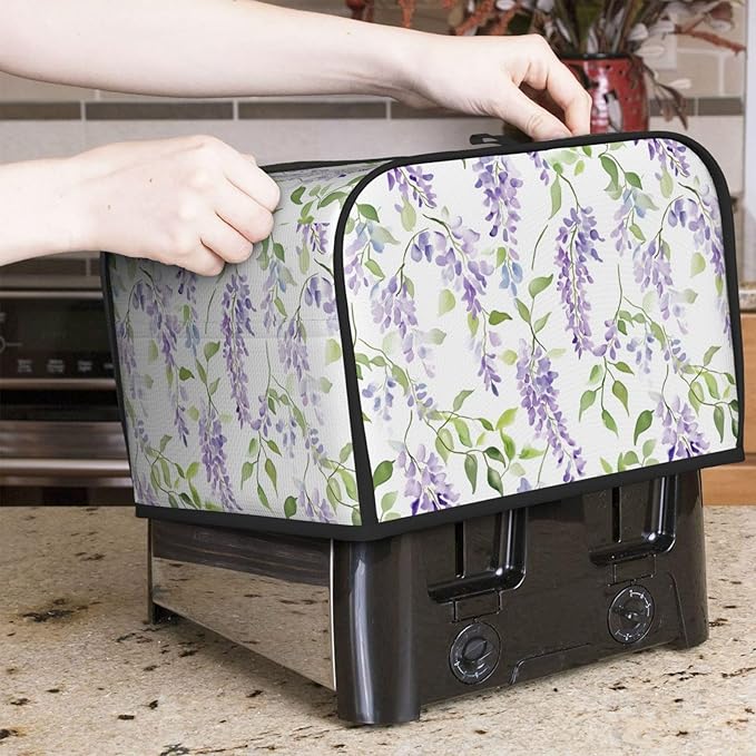 4 Slice Toaster Cover for Kitchen Lavender Flower Pattern Waterproof and Dustproof Toaster Dust Cover with Side Pockets Decorative Universal Cover for Wide Slot Toasters and Small Appliances