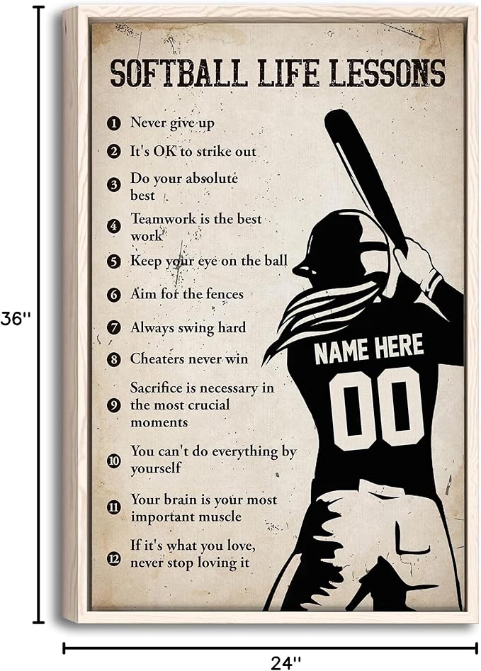 Custom Softball Life Lessons Sports Motivational Gift For Girl Personalized Name Number Poster & Framed Canvas, Wall Art Home Office Decoration Living Room Bedroom Aesthetic Decor