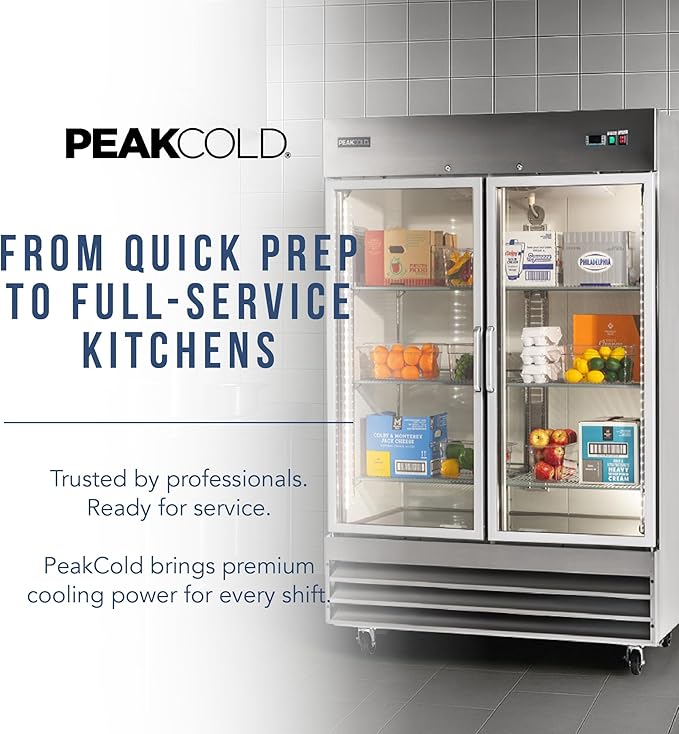 PEAKCOLD Double Glass Door Commercial Refrigerator - 47 Cubic Ft, 54" Wide Stainless Steel Reach-In Commercial Refrigerator with White Internal Lighting - Freestanding Industrial Fridge