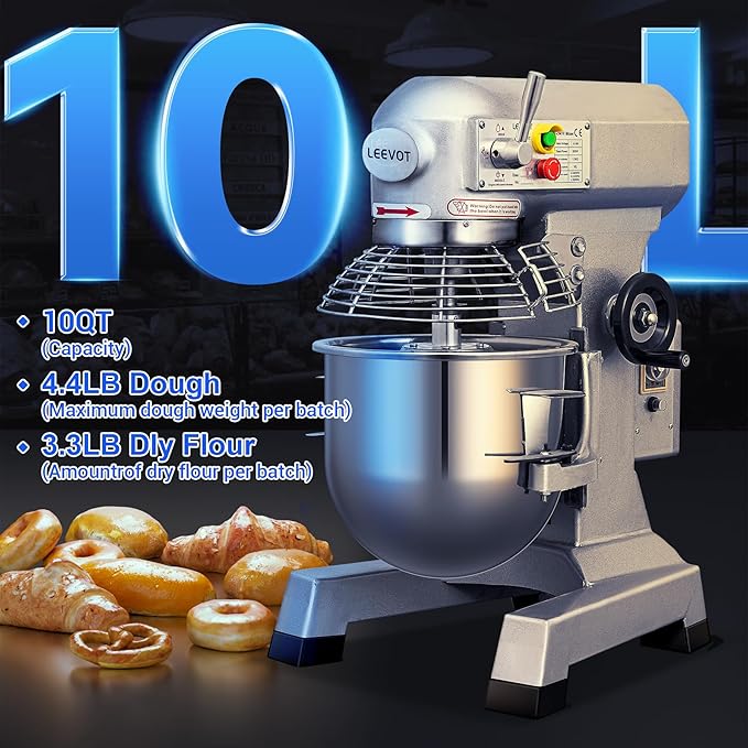 EKway10Qt Commercial Food Mixer with Timing Function,500W Industrial Stand Mixer 3-Speed Adjustable & Stainless Steel Bowl,Heavy Duty Dough Mixer for Bakery Pizzeria. (Standard)