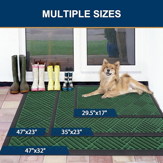 Smiry Front Door Mat Outside Entrance, Heavy Duty Outdoor Indoor Natural Rubber Doormat, Non Slip, Trap Dirt and Moisture, Easy Clean, Low Profile Patio Porch Entryway Mat, 59x35, Green