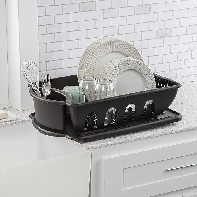 Sterilite Large 2 Piece Sink Set, with Drainboard for Drying, Holds Clean Dishes in the Kitchen such as Plates, Cups, and Silverware, Black, 6-Pack