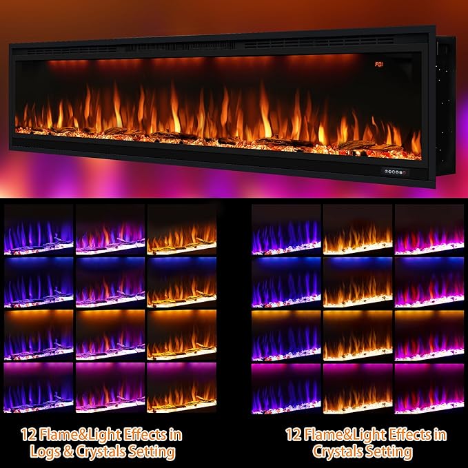 74 inch Electric Fireplace, Smart Fireplace Insert recessed in Wall and Wall Mounted fire Place Heater with Metal Frame, Multicolor Flame & Realistic logs，Thermostat& Timer, 1500W, Black