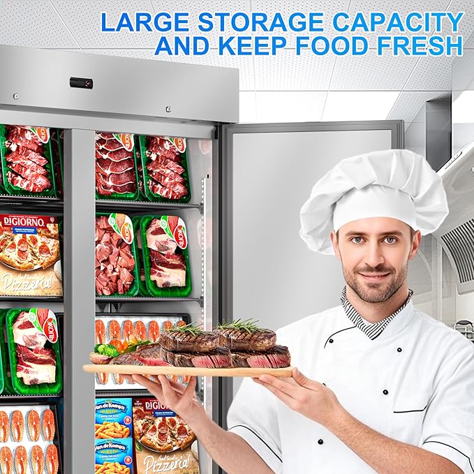 54" W Commercial Freezer, 46 Cu.ft Stainless Steel Reach-in Upright Freezer with 2 Solid Doors and 6 Adjustable Shelves for Restaurant, Commercial Kitchen, ETL Approved