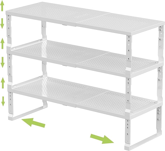 Expandable Adjustable Stackable Kitchen Organizer, Spice Rack,Metal Pantry Storage Shelves Racks,Counter Shelf for Cabinets, Countertop, Cupboard (3 Packs/Medium/White)