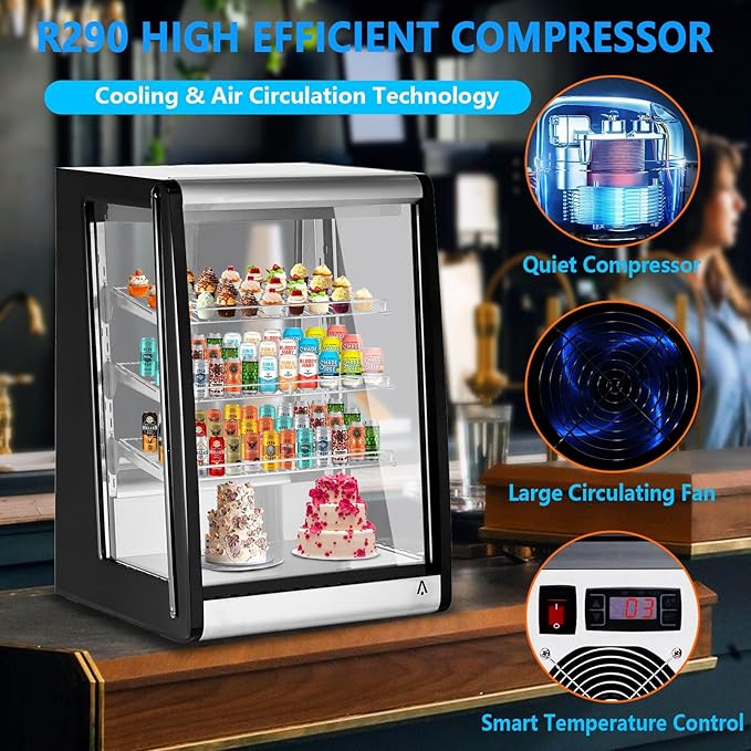 5.2 Cu.Ft Commercial Countertop Display Refrigerator, Glass Door Merchandiser with LED Lighting, Adjustable Shelves, Anti-Fog, Fast Cooling for Bakery, Cafe, Restaurant