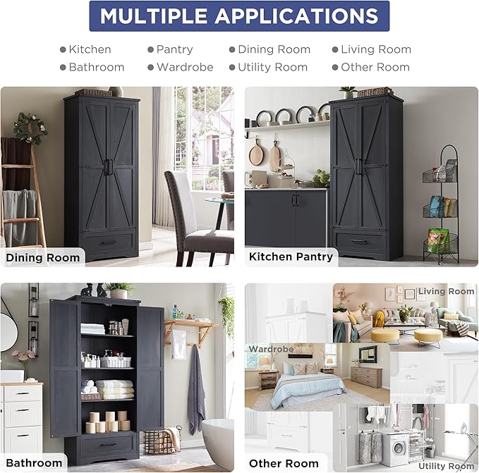 Farmhouse Kitchen Pantry Cabinet - 72" Tall Large Wood Kitchen Storage Cabinets with Adjustable Shelves & 2 Barn Doors & Drawer, Versatile Storage for Dining Room, Bathroom, Living Room, Antique Black | Large, Adjustable Shelves, 2 Barn Doors, Drawer, ...