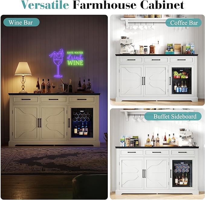 60" Farmhouse Coffee Bar Cabinet with Beverage Fridge (Included), Wine Bar Cabinet with Drawer Storage, Mini Fridge Cabinet, Sideboard Cabinet for Dining Room, Living Room-White