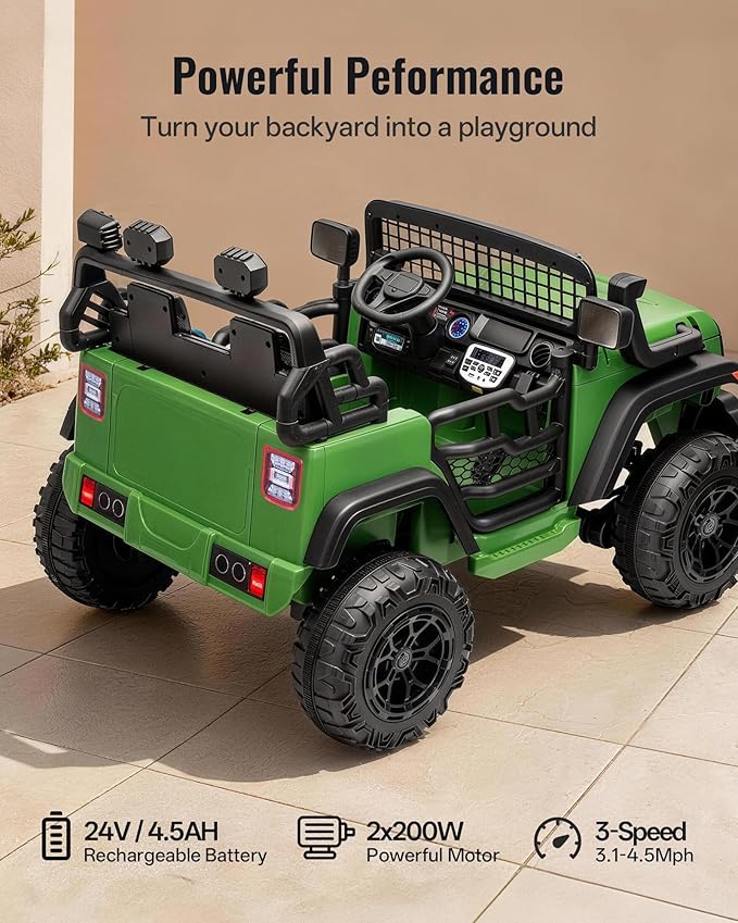 2 Seater Ride on Car Toy, 24V 4WD Electric Car for Kids 4-8 with Remote Control, 4x200W Motors, Capacity 110 lb - Army Green