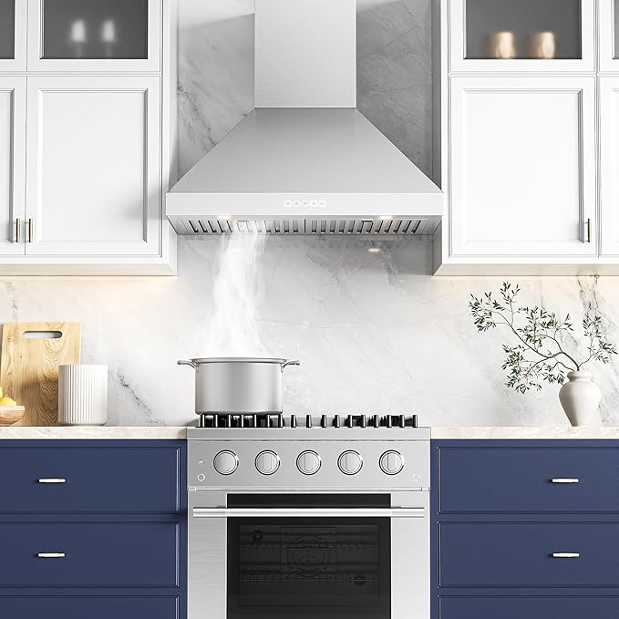 Hauslane Wall Mount Range Hood 30 Inch, Pro Model, Stainless Steel Range Hood, Strong Suction, Changeable LED Lamps, 6” Duct or Ductless, Kitchen Hood Vent, Stove Hood Vent