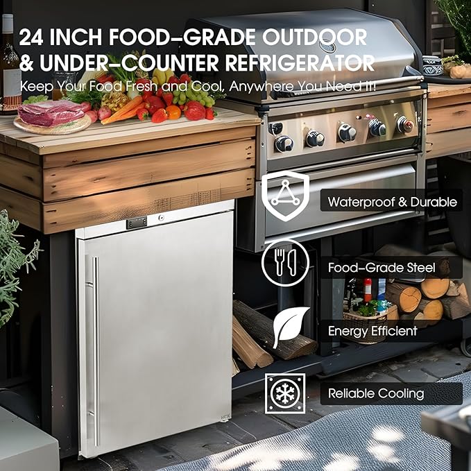 HCK Under Counter Refrigerator, Outdoor Fridge 24 Inch with Stainless Steel Door, Commercial Kitchen Food Refrigerator 5.4 Cu.Ft Capacity for Home Kitchen, Patio, Outdoor, and Food Service Use