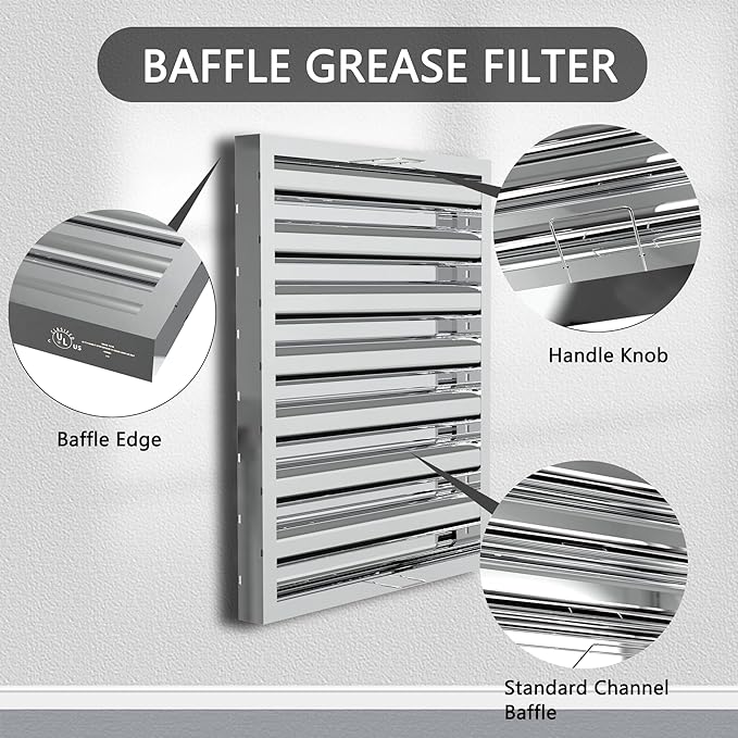 Stainless Steel Commercial Kitchen Hood Filter, Range Hood Baffle Grease Filter for Restaurant Exhaust Hoods, UL/NSF Listed, 24.5W x 19.5H Inch 7 Grooves Hood Filters（5 Pack）