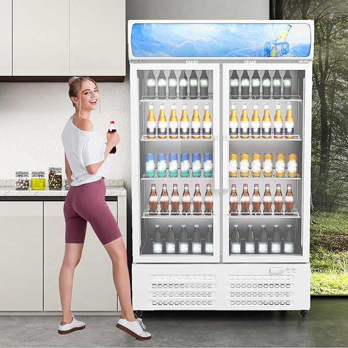 GarveeLife 25.3 Cu Ft Beverage Cooler with Glass Doors, Commercial Merchandiser Refrigerator - LED Lightbox & Universal Casters for Convenience Stores, Bars