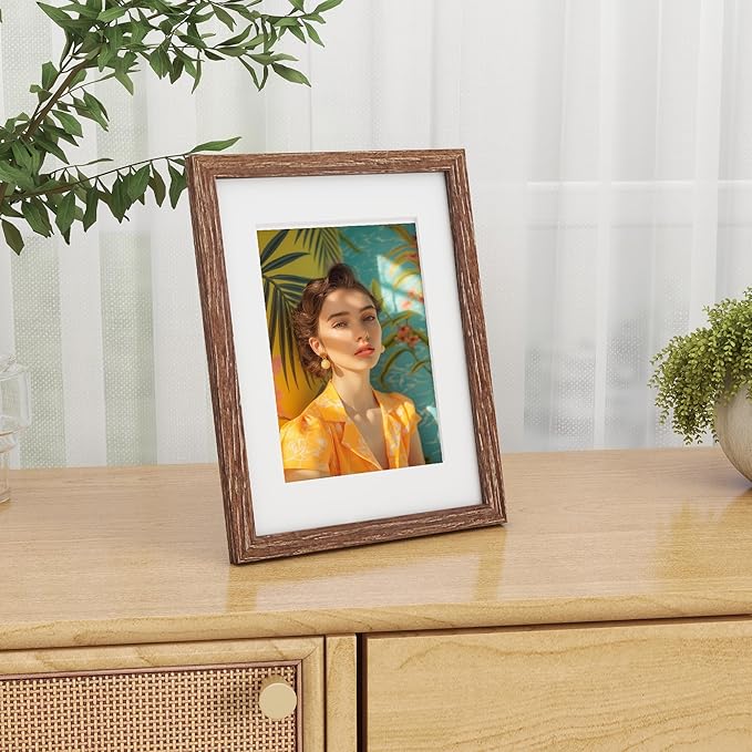Picture Frame 8.5x11, Natural Oak Wood 8.5 x 11 Photo Frame, 8.5 by 11 Frame for Wall, 8.5x11 Picture Frame with Mat for 6x8, Tempered Real Glass, Walnut Color, Set of 1