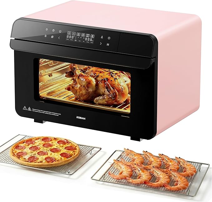 ROBAM Toaster Steam Combi Oven, Countertop Air Fryer 20-in-1 Oven with Convection & Grill, Stainless Steel Interior, 3-Layer Insulated Glass Door, 3 Steam Modes, 30 Built-In Recipes (Pink)