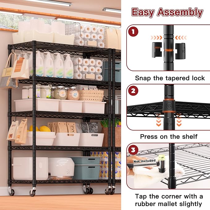 PrimeZone 74''H Wire Shelving 1250lbs 5 Tier Storage Shelves with Wheels NSF Certified Heavy Duty Steel Metal Shelf Adjustable Rolling Rack Kitchen Garage Closet Pantry Laundry 74''HX36''WX14''D 2PCS