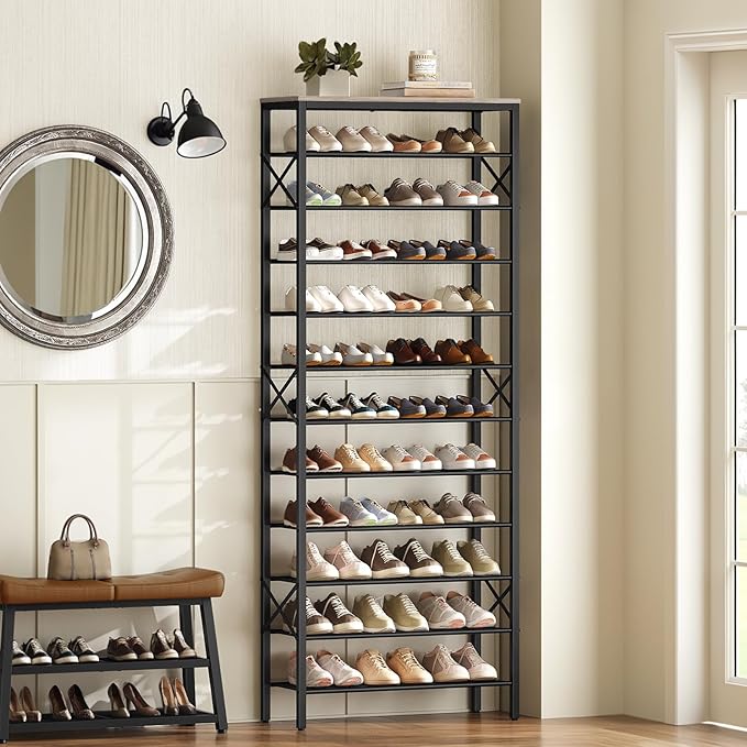12 Tier Shoe Rack, Large Capacity Shoe Storage Organizer Holds 48 Pairs, Sturdy and Stable, for Entryway, Hallway, Closet, Dorm Room, Greige and Black SS12BG