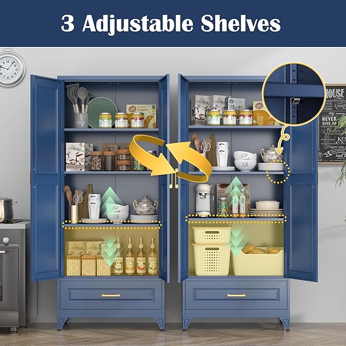 75" Kitchen Pantry Cabinet with Drawer, Metal Storage Cabinets with Doors and 4 Adjustable Shelves,Blue Kitchen Cabinet with 2 Gold Handles,Food Cupboard for Livingroom,Pantry, Bathroom