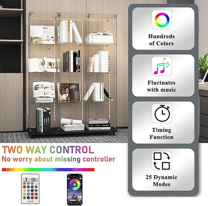 Glass Display Cabinet with LED Light Strip, 12 Shelves 3 Column 2 Doors, Large Glass Top Curio Storage Cabinets with Lock & Caster for Living Room, Office,Floor Standing Bookshelf - Black