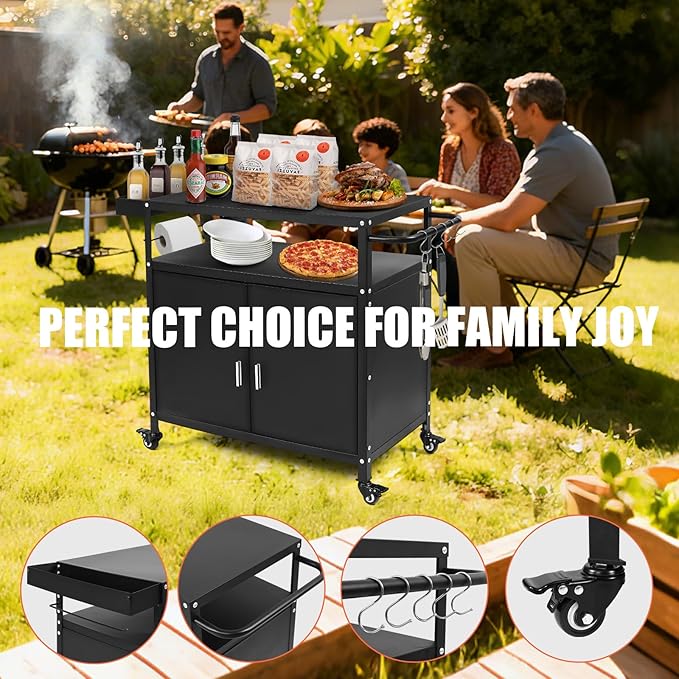 Grill Cart with Storage, Outdoor Bar Cart Rolling BBQ Cart Movable Pizza Oven Table Stand with Foldable Stainless Steel Top & Storage Cabinet, Black（34.6 x 17.7 x 34.6 Inch）