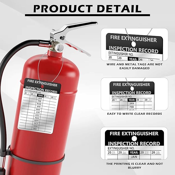 50 Pcs Waterproof Fire Extinguisher Inspection Tags Metal with Wires 2.3 x 3 Inch Durable Metal Fire Tags for Monthly Fire Safety Check Indoor Outdoor Use Weather Resistant Writeable Surface (50)
