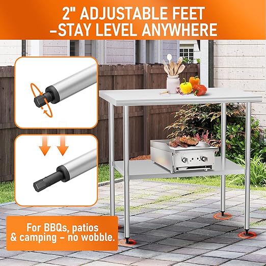 Stainless Steel Table for Food Prep & Work 24 x 36 inches Utility Table with Adjustable Undershelf, Commercial Workstation in Kitchen, Garage, Outdoor BBQ