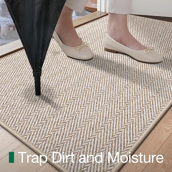 LUMI Ultra Thin Indoor Door Mat for Entrance 48"x72", Non Slip Entryway Mat, Low Profile Doormat, Unique Herringbone Design Carpet for Inside, Patio, Porch, Beige