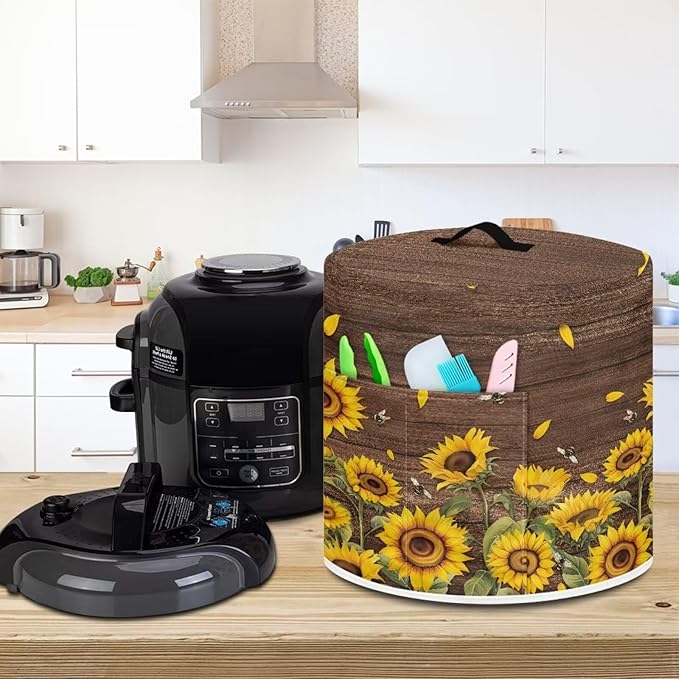 Pressure Cooker Cover Dust-Proof Kitchen Appliance Cover Air Fryer Cover for 3 Quart Instant Pot, with Handle and Pockets Keep Kitchen Appliance Clean Home Decor, Sunflower Bee Wood Grain