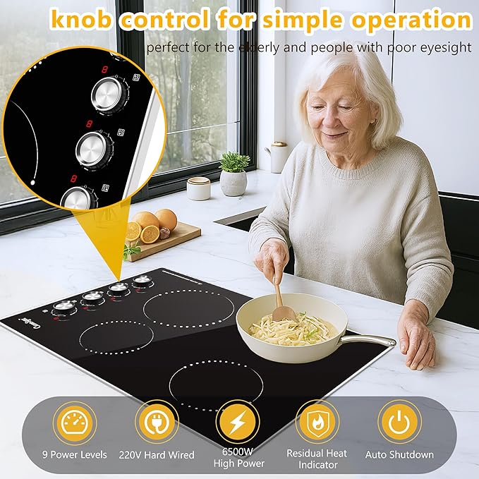30 Inch Induction Cooktop, 4 Burner Electric Cooktop with 9 Power Levels, Knob Control, Auto shutdown and Residual Heat Warning, 6500W, 220-240V for Hard Wire