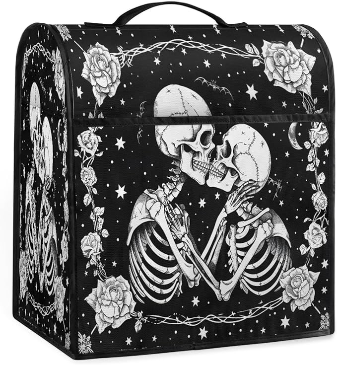 Kitchen Aid Mixer Cover Halloween Flower White Skull Stand Mixer Cover Compatible with 6-8 Quarts Stand Mixers, Dust Covers with Zipper Pocket Foldable Washable Kitchen Aid Organizer Bag