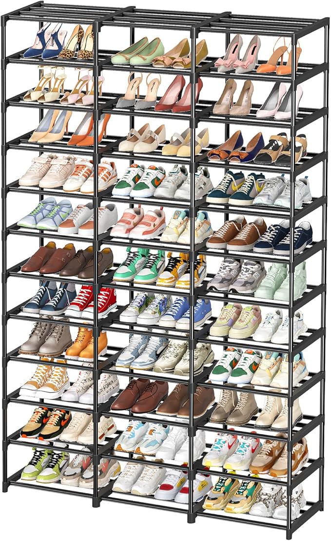 Shoe Rack Large Capacity 72 Pairs Tall Shoe Shelf, 3 Row 12 Tiers Sturdy Metal Shoe Organizer for Entryway, Closet, Bedroom, Black