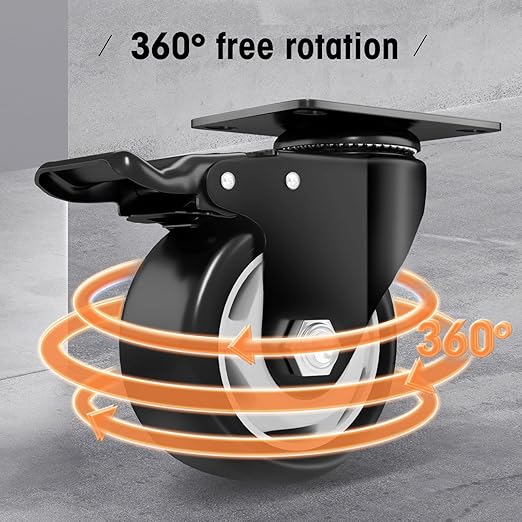 Casters, 3" Caster Wheels，Casters Set of 4 Heavy Duty - ASRINIEY Black Polyurethane Castors, Top Plate Swivel Wheels, 4-Pack Industrial Casters with Brake, Locking Casters for Furniture and Workbench