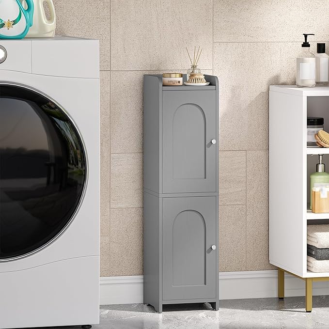 Bathroom Storage Cabinet, Small Corner Floor Cabinet with 2 Doors and Adjustable Shelf, Narrow Toilet Paper Cabinets, Bathroom Organizer for Small Spaces, 7.9" D x 7.9" W x 29.5" H Gray