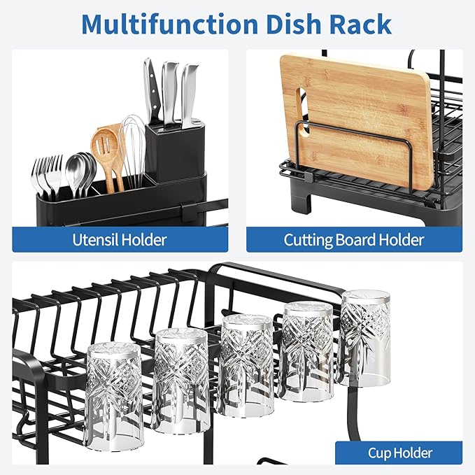 TOOLF Extendable Dish Drying Rack, 2-Tier Dish Rack for Kitchen Counter, Large Expandable Dish Drainer Over Sink, 3 in 1 Multifunction Dish Strainer with Drainboard & Cups Holder, Black