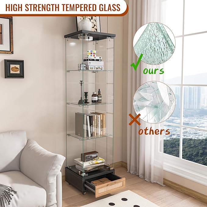 Yoluckea 4 Tiers Glass Display Cabinet with LED Lighting and Drawer, 1 Door Floor Standing Curio Cabinet with Wheel for Home, Office, Corner Display, Black Glass Bookshelf for Collections and Decor