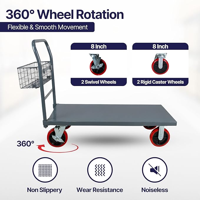Flatbed Platform Cart 3300LB Industrial Dolly Cart Heavy Duty 48” x 24” Platform Hand Truck Push Cart Super Heavy Duty Diamond Plate Flatbed Cart 8'' Swivel Wheels Moving Cart w/Basket