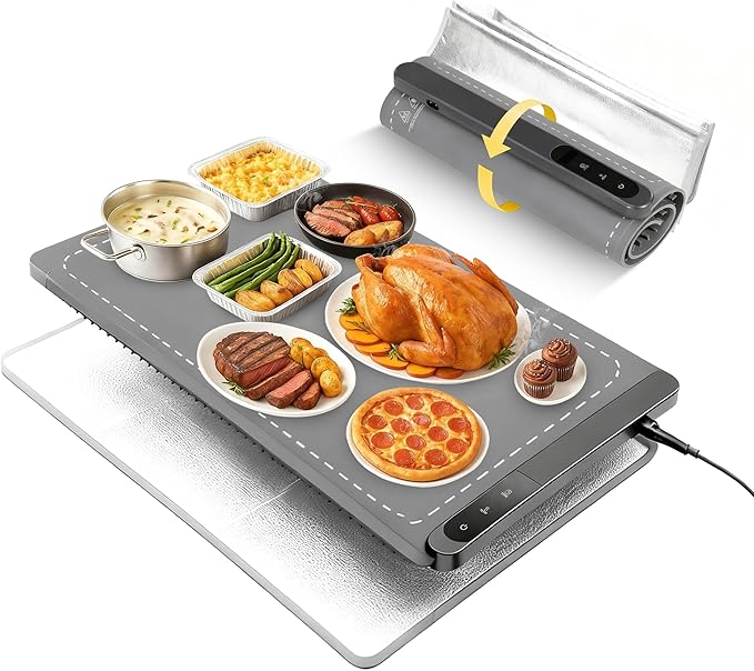 Graphene Large Food Warming Mat 500W 24"x16" with Insulation Pad for Countertop, Chafing Dishes for Buffet, Food Warmers for Parties, Hot Pads for Kitchen, Portable Heating Pad, Custom Setting, Grey