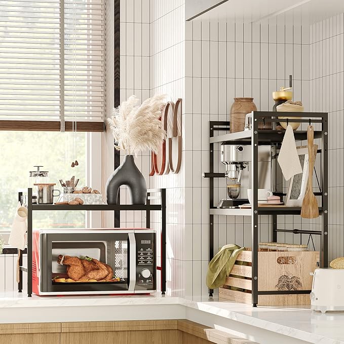 NETEL Expandable Microwave Stand,3 Tier Metal Kitchen Countertop Organizer Shelves with 8 Hooks,Bakers Rack,Microwave Shelf,Microwave Oven Rack,110lbs Weight Capacity