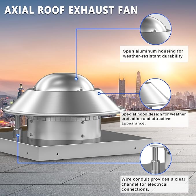Direct Drive Axial Downblast Exhaust Fan Roof Exhaust Fan -19" Fan Base, 1/30 HP 115 Volt Single Phase Motor 500 CFM, ETL Listed