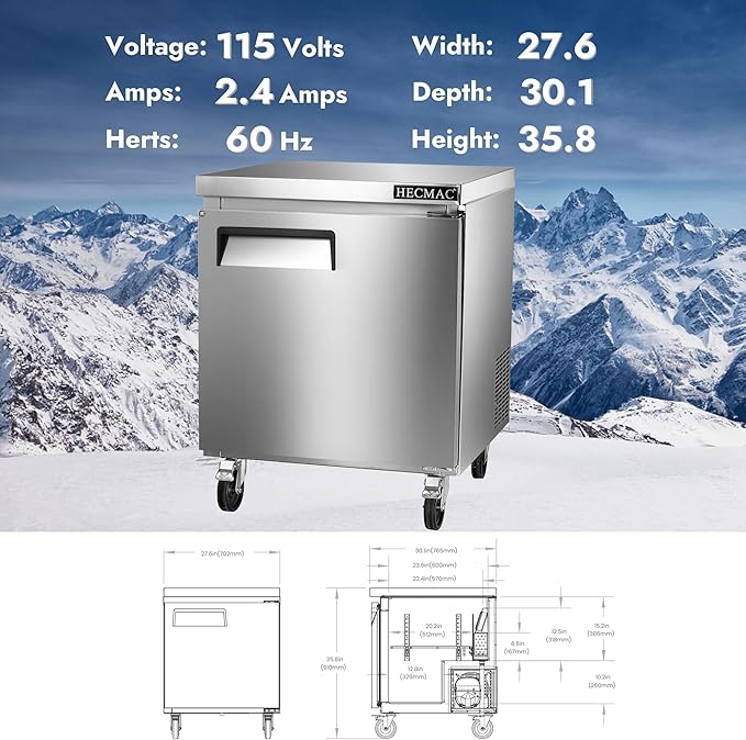 HECMAC 27" Commercial Refrigerator, 7.2 Cu.ft Worktop Undercounter Fridge with Single Solid Door, 33~40℉, 18-8 Stainless Steel Interior, ETL&NSF/ANSI 7 for Restaurant, Bar, Shop, Kitchen Use