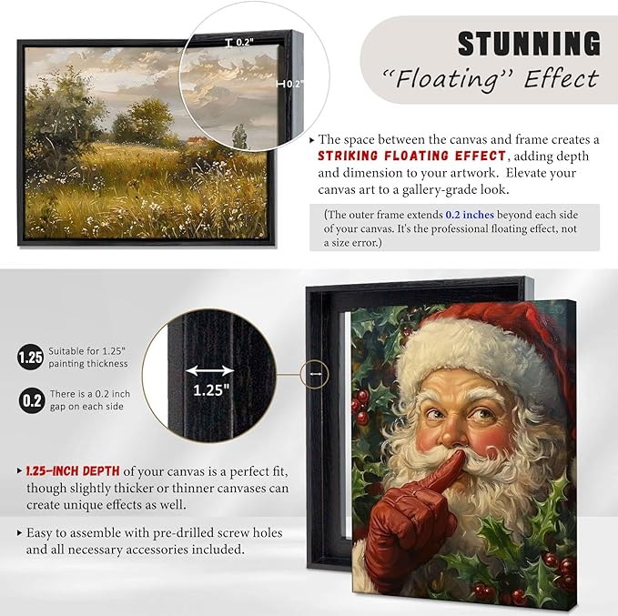 Canvas Floater Frame for Paintings, Fits Up to 1.25" Deep Canvas, DIY Floating Picture Frame for Canvas Prints, Wall Art Frame for Modern Home Décor, Studio Display and Gallery Hanging Black 12x16