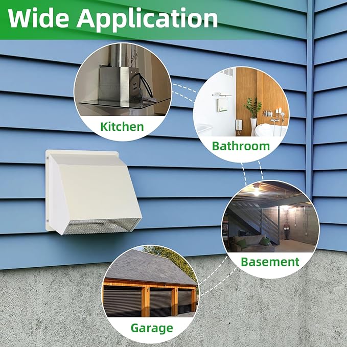 8 Inch Hooded Wall Vent with Screen and Damper,Outdoor Wall Exhaust Vent Cover Wall Cap for Exterior Kitchen Range Hood Ventilation Dryer HVAC Duct Air Exhaust, Galvanized Steel, White