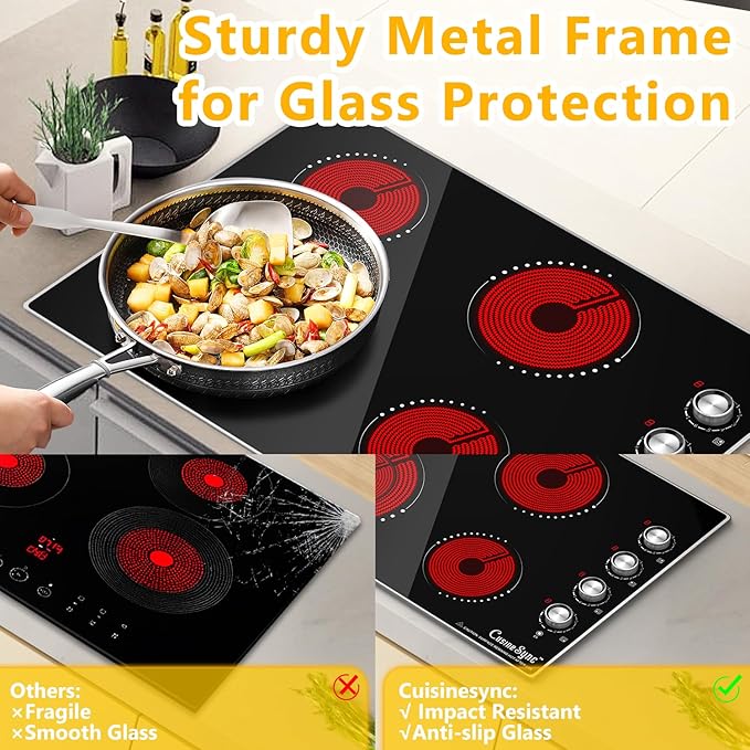 30 Inch Electric Cooktop, 4 Burner Electric Stove Top with 9 Power Levels, Knob Control, Auto shutdown and Residual Heat Warning, 7200W, 220-240V for Hard Wire