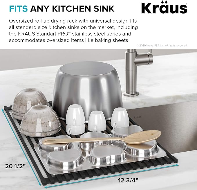 Kraus Multipurpose Over-Sink Roll-Up Dish Drying Rack, Colander and Trivet in Black, KRM-10BLACK