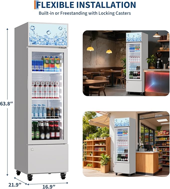 6.1 Cu.Ft. Commercial Glass Door Beverage Cooler, Frost-Free Display Fridge, 360° Cooling, Adjustable Shelves, Energy-Saving Upright Drink Refrigerator with Wheels