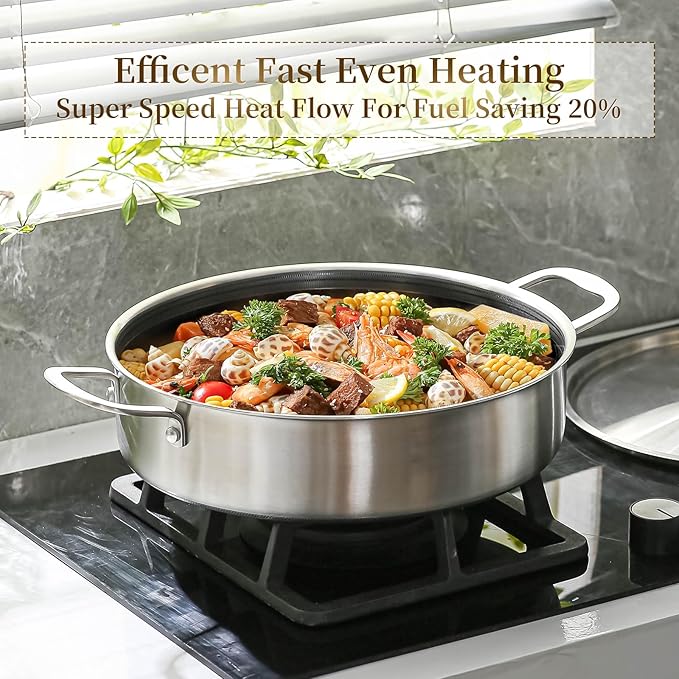 DELARLO Tri-Ply Stainless Steel Braiser Pan with Lid Nonstick 6 Quart Cooking Pot Induction Rondeau Deep Frying Pan,Large Saute Pan,Heavy Duty,Dishwasher and Oven Safe to 550℉