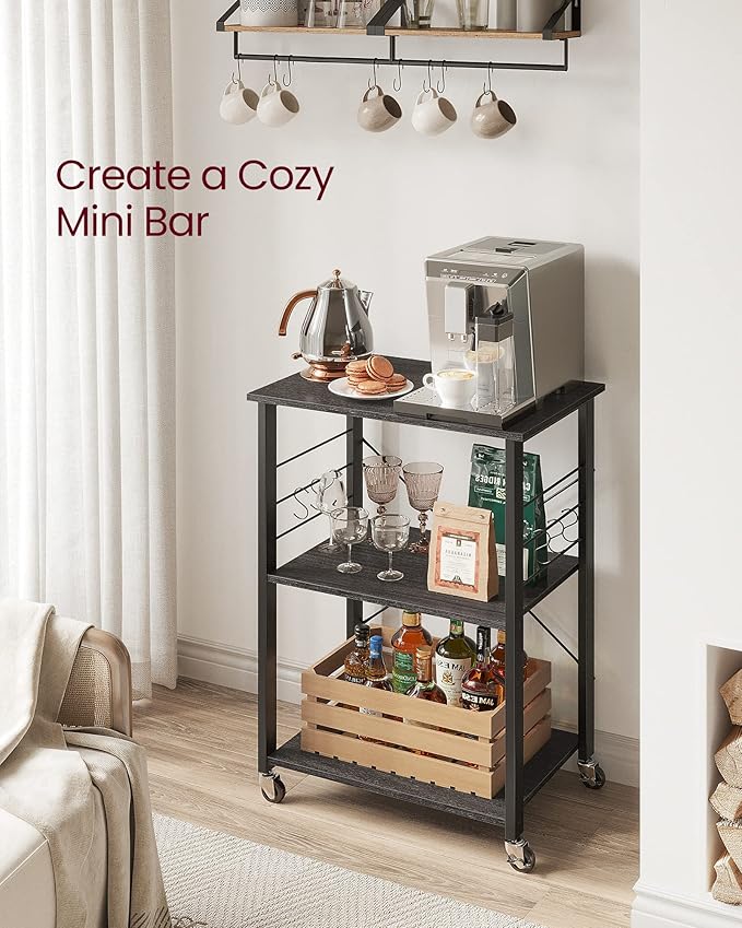 VASAGLE Kitchen Shelf on Wheels, 23.6 Inches Serving Cart with 3 Shelves, Kitchen Cart, Microwave Shelf, for Mini Oven, Toaster, with 6 Hooks, Industrial Style, Ebony Black and Ink Black UKKS060B42