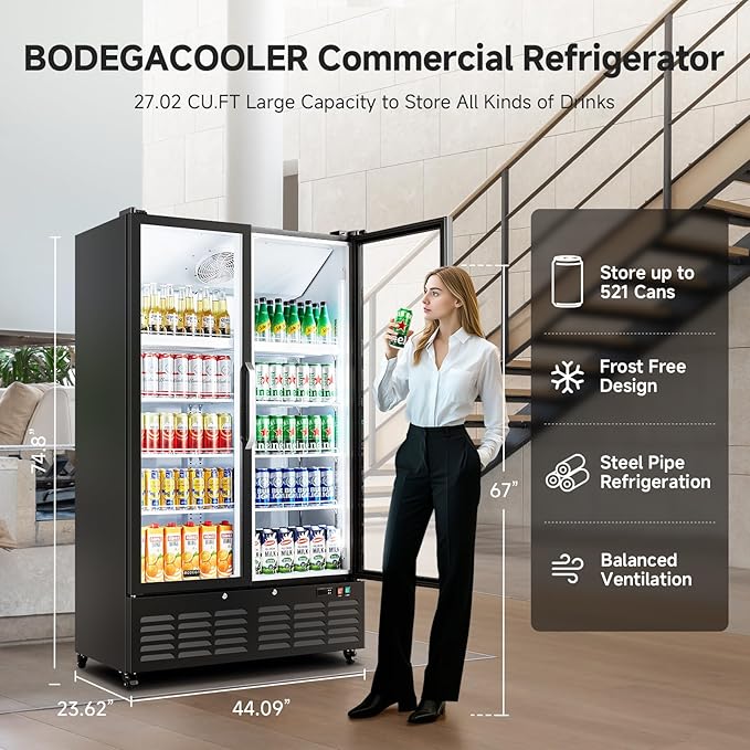 BODEGACOOLER Commercial Merchandiser Refrigerator, 2 Glass Door Display Refrigerator, 27.02 Cu.Ft Upright Beverage Display Cooler with Soft LED Light, Adjustable Shelves, 4 Strong Castors(Black)