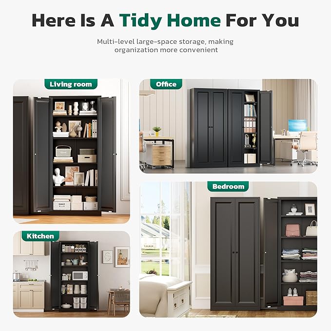 Greenvelly Metal Cabinet, 63" H Black Metal Storage Cabinet with Doors and 4 Shelves, Pantry Storage Cabinet for Kitchen, Bedroom, Living Room, Office (Modern)