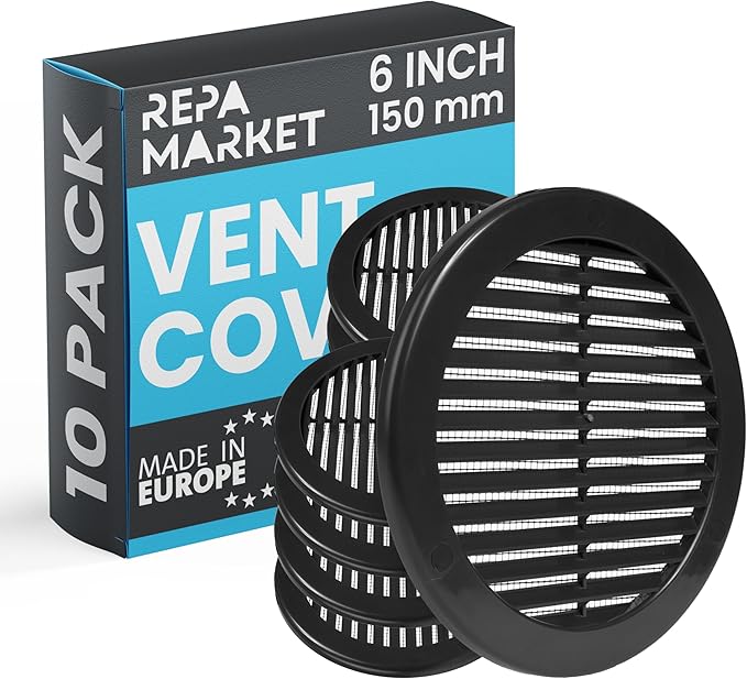Repa Market 6 Inch (Opening) Black Round Air Vent Cover - Pack of 10 Plastic Fresh Air Intake Vent - AC Cover with Nylon Mesh Screen - Wall, Ceiling HVAC Return Air Register - Modern Soffit Vents